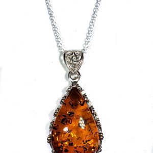 Cognac Color Baltic Amber teardrop necklace